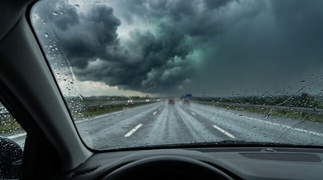 Car windshield view driving on wet highway during severe rain storm
