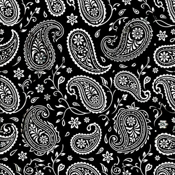 Black and white bandana pattern featuring repeating paisley, delicate floral vines, and seamless elements