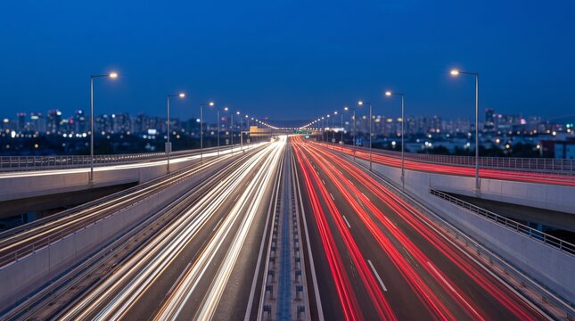 Highway traffic light trails at night on modern city freeway bridge photograph