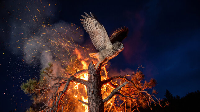 An owl takes flight from a tree engulfed in flames and sparks against a dark night sky, depicting a dramatic scene of wildfire.