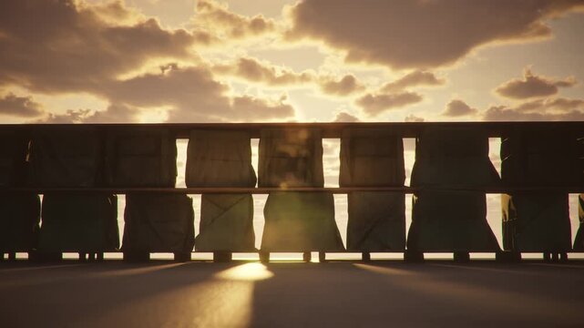 Freight logistics supply chain concept, row of covered wooden crates tarp with sunset sky background. 3d animation.