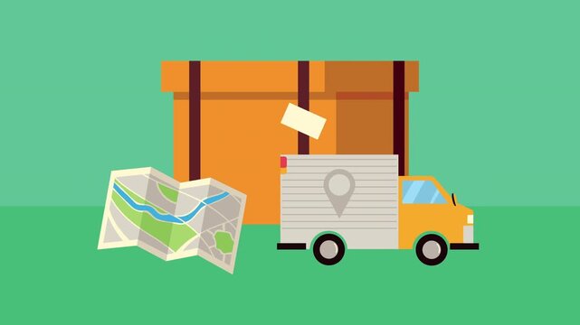 Logistic delivery service animation with cardboard box and paper map on green background.