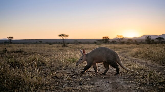 Wild aardvark walking through African savanna during golden sunset with acacia trees in background