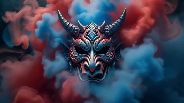 A Triptych of a Demonic Mask Emerging from Volumetric Smoke in Red and Blue Hues
