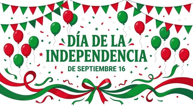 Dia de la Independencia 16 de Septiembre banner with green white red balloons and bunting flags