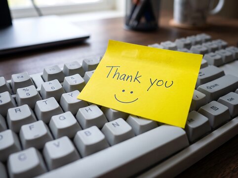 Thank you note on keyboard with laptop in background office workspace