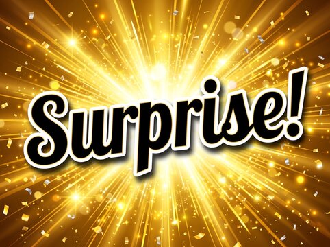 Golden burst of light with the word surprise in bold black lettering