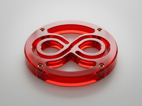 Red transparent acrylic infinity symbol inside circular frame with mounting holes representing endless loop and continuous flow.