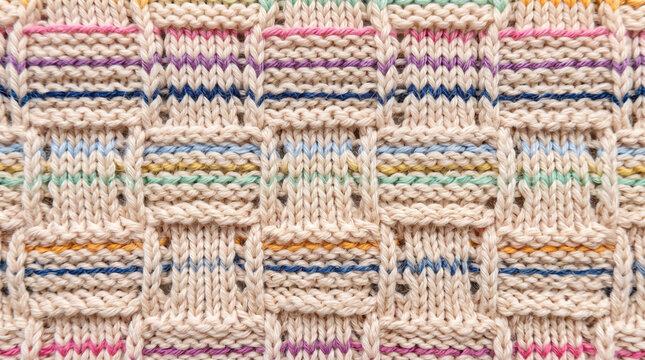 Knitted fabric with colorful stripes using basketweave stitch during soft studio lighting for cozy home decor concept
