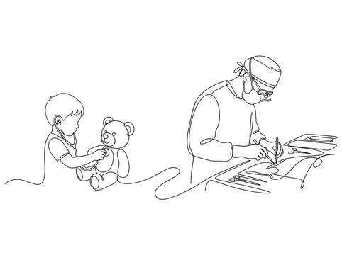 Single continuous line drawing of a child using a toy stethoscope on a teddy bear and a surgeon performing careful work, from childhood play to medical dedication concept