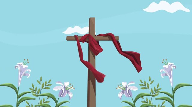 Religious cross with a red cloth and white lilies blooming, symbolizing christianity and easter celebration motion footage.