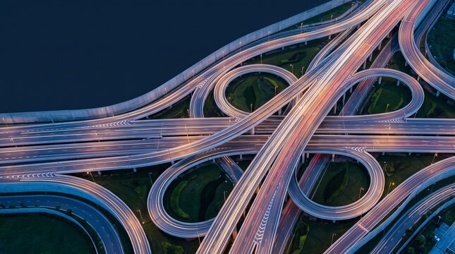 Aerial top view of modern highway interchange with light trails at night