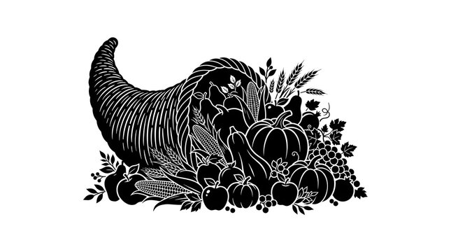 Black and white vector illustration of a traditional Thanksgiving cornucopia overflowing with autumn harvest fruits, vegetables, and wheat.