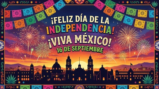 Feliz Dia de la Independencia Viva Mexico 16 de Septiembre night sky banner with fireworks and papel picado