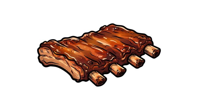 Delicious barbecue pork ribs smothered in sticky sauce. Colorful comic style vector illustration isolated on white.