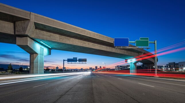 Modern highway overpass with blank traffic signs and light trails at dusk