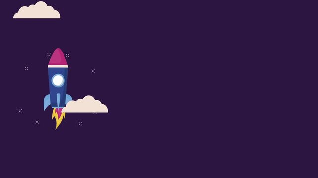 Animation of a cartoon rocket blasting off into space, passing through clouds.