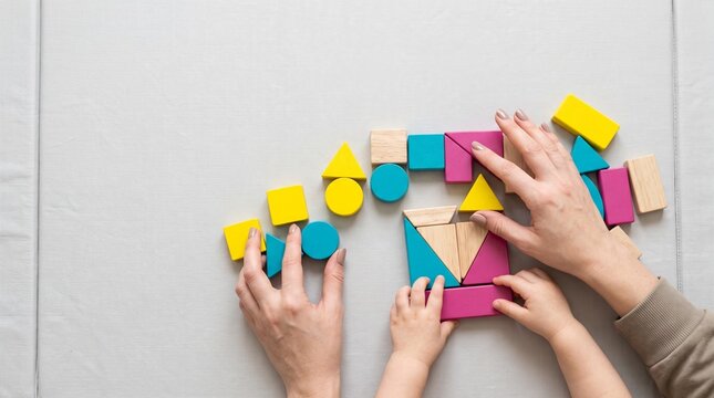 Mother and child playing with wooden geometric blocks top view with copy space