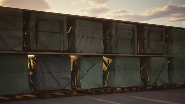 Outdoor logistic cargo warehouse, wooden crates covered with tarpaulin on pallets at sunset. 3d animation.