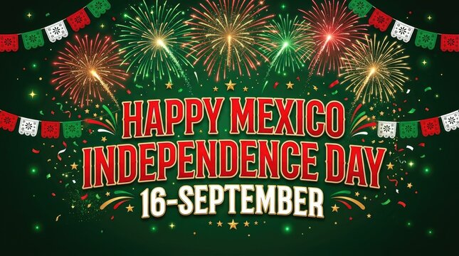Happy Mexico Independence Day 16 September festive dark banner with fireworks and bunting