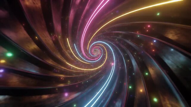 A visually stunning cosmic vortex of swirling neon lights and distant stars.