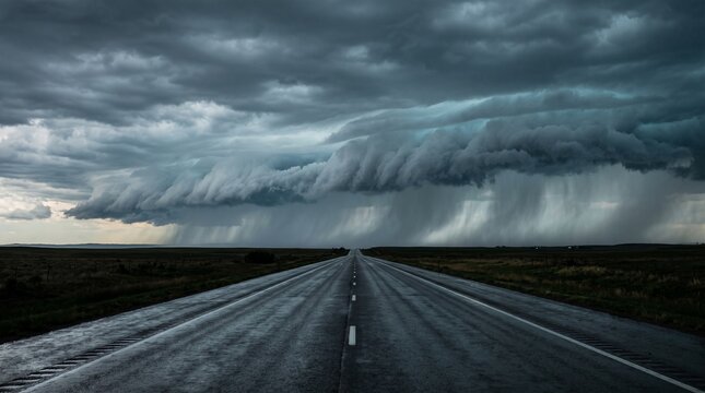Thunderstorm shelf cloud over empty straight highway road in rural landscape