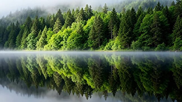 Forest lake with foggy reflection