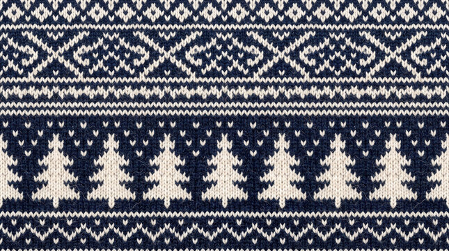 Seamless nordic pattern with stylized fir trees and geometric shapes in winter colors