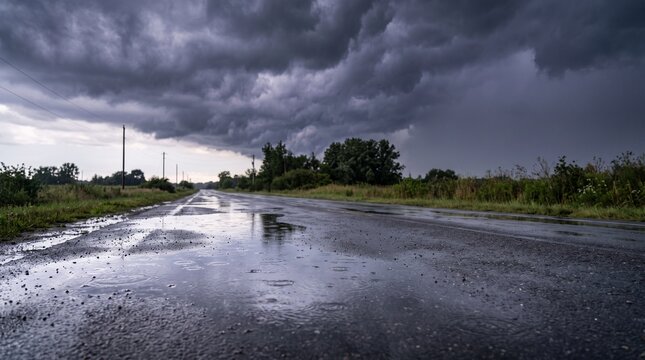 Wet asphalt road under dark storm clouds with rain puddle reflection in rural landscape