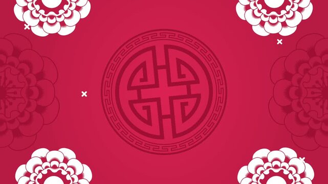 Chinese new year background with traditional red pattern and rotating white flowers motion graphics.
