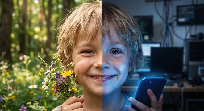 Concept of technology vs nature: Split portrait of a young boy. One half shows a happy child outdoors in nature, the other half shows him illuminated by the blue light of a digital screen indoors.