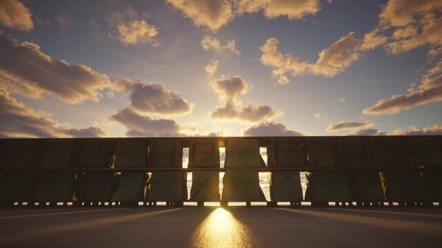 Time lapse of Logistics shipping Cargo crates shelves silhouette against golden sunset sky,  global logistics concept.  3d animation.