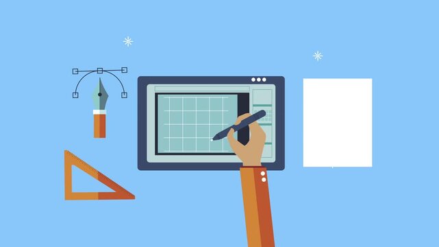 Animation of designer hand using digital tablet and stylus pen with graphic tools for creative project.