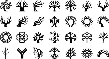 Fototapeta premium Bare Tree Silhouette Vector Set Hand Drawn Leafless Branch and Winter Tree Collection.