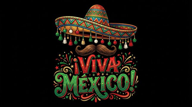 Viva Mexico 16 September dark banner with ornamental decorated sombrero hat