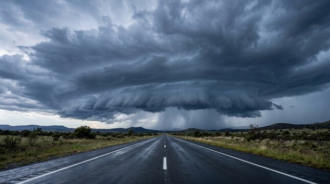 Dramatic supercell thunderstorm cloud over straight highway in rural landscape