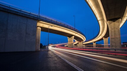 Naklejka premium Highway overpass bridge with car light trails at blue hour night photo