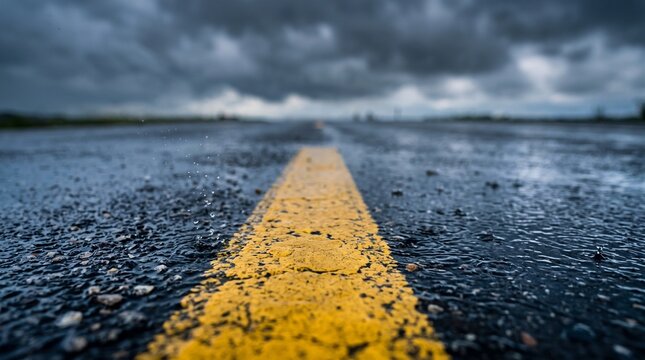 Wet asphalt road with yellow line under stormy rainy sky low angle view