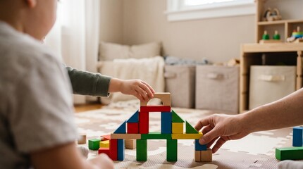 Fototapeta premium Child and parent building colorful wooden toy blocks bridge structure at home