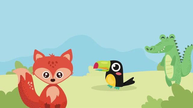 Cute cartoon animals a fox, toucan, and alligator appear on screen in a dynamic animated nature scene.