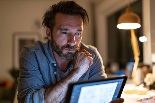Man participating in virtual classroom on tablet with digital whiteboard diagrams in tidy home office