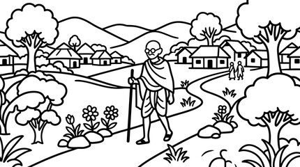 Fototapeta premium Mahatma Gandhi Line Art Walking Through a Rural Indian Village