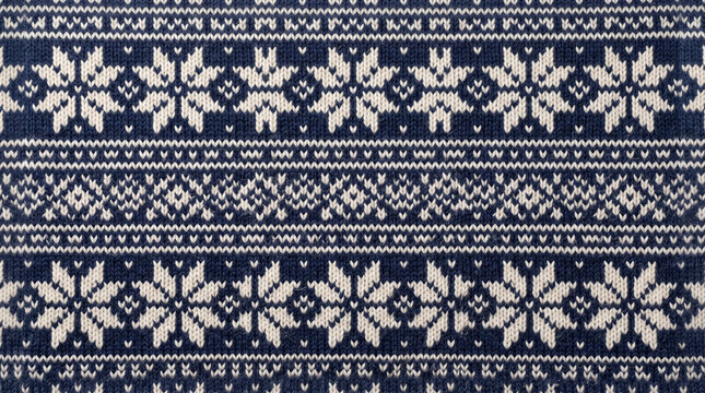 Navy blue and white snowflake knit pattern on fabric with geometric borders for winter apparel backgrounds