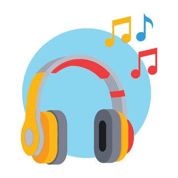 Headphones with colorful music notes on blue background listening to music