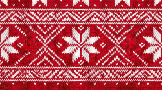 Seamless nordic pattern with traditional geometric snowflakes and red winter background