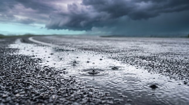 Raindrops splashing on wet asphalt road surface during dramatic stormy weather