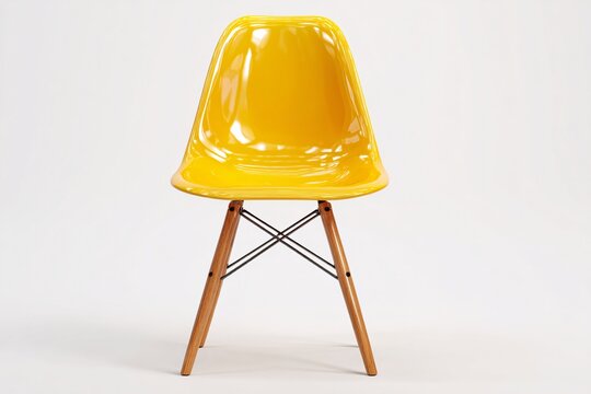 Yellow modern chair on white background. Minimalist plastic seat with wooden legs.