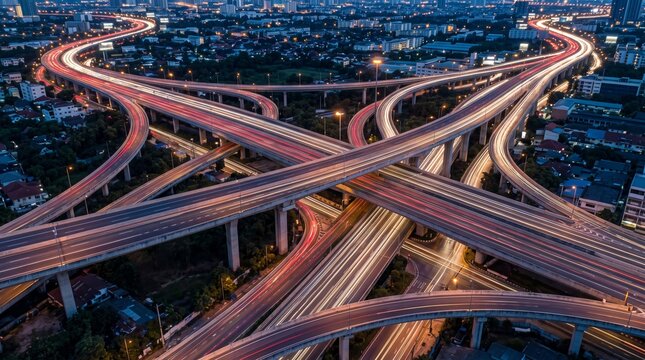 Aerial view of highway interchange with light trails at night