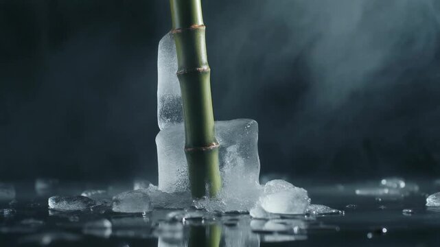 根元が氷に覆われた竹の幻想的な情景