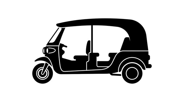 Black silhouette illustration of a classic traditional auto rickshaw or tuk-tuk passenger vehicle isolated on white background.